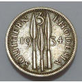 Southern Rhodesia: Silver Threepence {3d} of 1934 (XF-details) Great Circulated Condition.