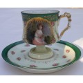 Cutest hand-painted miniature COFFEE cup & saucer. "OLD ENGLISH MASTERS" series