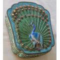 Oriental Vintage Enamel trinket box with ornate peacock motif and inset Coral stones