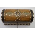 Vintage domed wooden marquetry jewelry box with key. Beautiful detail