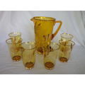 Vintage Water Jug & 6 glasses Set, Bohemian gilded amber glass. Czechoslovakia. MINT CONDITION