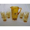 Vintage Water Jug & 6 glasses Set, Bohemian gilded amber glass. Czechoslovakia. MINT CONDITION