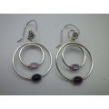 PANDORA STERLING SILVER & 2 TONE AMETHYST DOUBLE HOOP EARRINGS