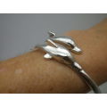 DOUBLE DOLPHIN Large Sterling Silver  Adjustable Bangle  33 grms