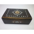 Vintage wooden jewelry box with antique Chinese coin and mother of pearl detail 12.5c8.5x 4.5cm