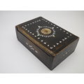 Vintage wooden jewelry box with antique Chinese coin and mother of pearl detail 12.5c8.5x 4.5cm