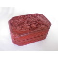 Vintage Chinese Cinnabar Carved Resin Lidded Box. 2 sages in conversation. 11x 7.5x 4.5cm