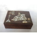 Wooden lidded Oriental Tea Caddy or Jewelry Box with gorgeous mother of Pearl decoration