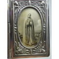 Antique 19th Century Rosary Box Silver (?) or Silver Metal. Bible Shape with Mother Mary Photo