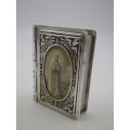 Antique 19th Century Rosary Box Silver (?) or Silver Metal. Bible Shape with Mother Mary Photo