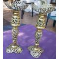 Vintage Pair of SOLID BRASS Tall Ornate Candle Holders. For thin or short stubby candles 29cm