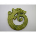 Vintage Chinese Carved Green Stone Dragon Amulet. 9 x 7.5 cm