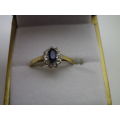 Gorgeous 9ct Yellow & White Gold & Sapphire Dainty Ring, 2 diamond chips Size O; 3grms
