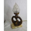FOR LINJOU ONLY!! ART DECO Lamp. Bronze? dancing girl on marble base with glass flame shade.