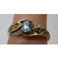 Exquisite 9ct Yellow Gold, Aquamarine & Diamond Vintage Ring. Size M 1/2