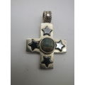 Mexican Sterling Silver, Hematite and Turquoise Designer Cross Pendant. 9grm 3.5 x 2.5 cm