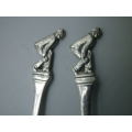 Pair BOWLING THEME Hallmarked silver spoons.Sheffield 1939 ASP Co 23grms 11.5 cm long. UNUSUAL!