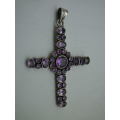 HUGE Sterling Silver Cross set with 32 THIRTY TWO Beautiful Amethyst stones 8 x 5.5cm 19grms WOW