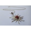 STERLING SILVER and CARNELIAN SUN SHAPED NECKLACE 12.9grms Chain: 60cm pendant: 5.7 x 4.6cm