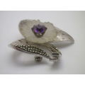 THEODOR FARHNER VINTAGE STERLING SILVER, Amethyst, Marcasite and FROSTED GLASS Brooch