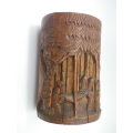 Antique 19th c Chinese Carved Bamboo brush pot. Scenes of immortals in a landscape. WOW!!