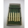 Vintage Faux Bone (bone?) handled butter knives. James Ryalls & Co Ltd, Sheffield, England Boxed.