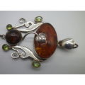 Vintage Sterling Silver, Polish Amber & peridot pendant. 7.5cm. Gorgeous!!