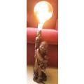 Happy Monk Large Chinese Carved Hard Wood table lamp with globe. Works perfectly. 62cm