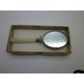 Chinese ceramic inset & Jadite handle mirror. Boxed