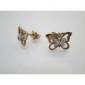 9ct white & yellow gold BUTTERFLY STUD EARRINGS.  1gm.  11x8mm