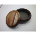 Small round wooden trinket holder with lovely banded agate lid