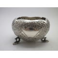 Unusual STERLING SILVER Repousse Bowl on 3 Fish Feet. 66grms 7x4.5 cm open cartouche