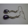 Sparkly 925 Sterling silver drop earrings with pearcut purple stones & 7 cubic zirconias. 3.5cm 6.6g