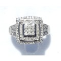 **DOUBLE HALO | R31632** ROUND / BAGUETTE CUT | 0.750ct | DIAMOND RING | WHITE GOLD - BUY SAFE