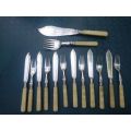 VINTAGE SILVER PLATED FISH KNIVES AND FORKS WITH MOTHER OF PEARL HANDLES