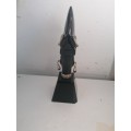 CARVED OBSIDIAN STERLING MAYAN / AZTEC FIGURE