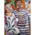 Large Sandy Esau `self portrait with wife and mandela` 895 x 800mm VALUE R10000