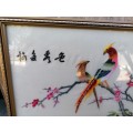 Japanese Silk Embroidery Art Of 2 Pheasants Birds In A Tree Framed  32cm x 24cm