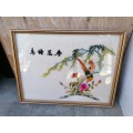 Japanese Silk Embroidery Art Of 2 Pheasants Birds In A Tree Framed 32cm x 24cm