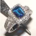 PURE PERFECTION! SOLID .925 STERLING SILVER RING WITH SAPPHIRE AND SIMULATED DIAMONDS!