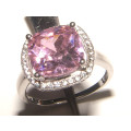 PURE PERFECTION! SOLID .925 STERLING SILVER RING WITH PINK SAPPHIRE AND WHITE SIMULATED DIAMONDS!