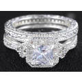 STUNNING SAPPHIRE AND CZ 18K WHITE GOLD FILLED WEDDING RING SET