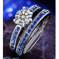 STUNNING SAPPHIRE AND CZ 18K WHITE GOLD FILLED WEDDING RING SET