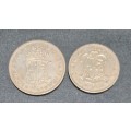 UNION OF SOUTH AFRICA 2  + 2 HALF  SHILLING COINS  **25,2 grams** SILVER COIN** 1954**
