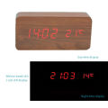 Wood Wooden Clock with LED Display 3 Sets Alarm Time Temperature Sound Control