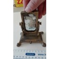 antique brass mirror and photo frame on stand, with drawer, needs to be repaired, 11.5cm high, as pe