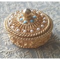 Gold Plated Trinket Pill Box |  By Mirella | Faux Pearls Turquoise |  1950s |