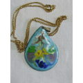 GLAZED ENAMEL AND COPPER PENDANT AND GOLD TONED CHAIN STUNNING