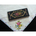 PETIT POINT COMPACT MIRROR VINTAGE- EMBROIDERED HANKIE-SMALL BLACK PURSE