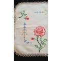 Vintage cotton embroidered tray cloth with fine hand crotcheted cotton edging
